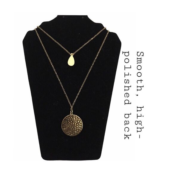 Gold Tone Double Layer Pavé Rhinestone Disc & Teardrop Charm Necklace Costume - Picture 3 of 4